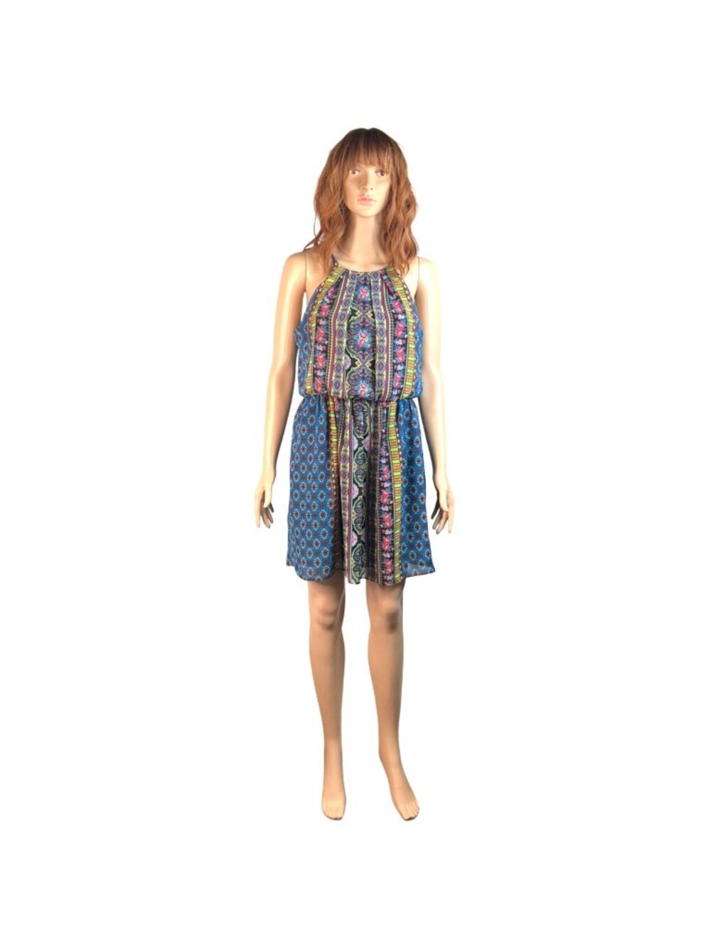 By & By Multicolor Bohemian Aztec Floral Sleeveless Halter Mini Dress Size Large